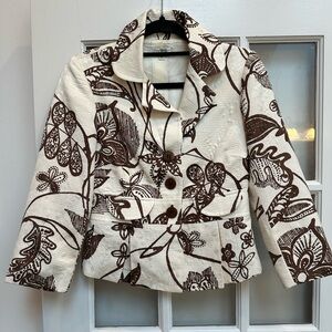 Vintage Cache Y2K Silk Floral  Chic Brown & Cream Blazer Jacket Size 2 XS